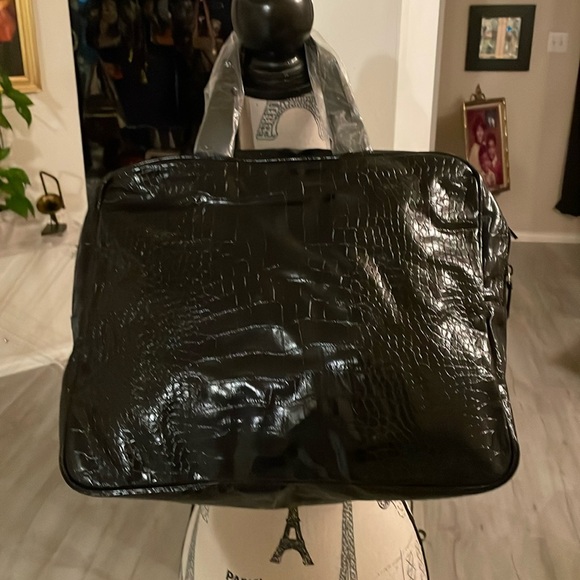 Vintage Saks Fifth Avenue-Black Faux Reptile Print Zippered Tote Bag-15”x12” - Picture 1 of 5